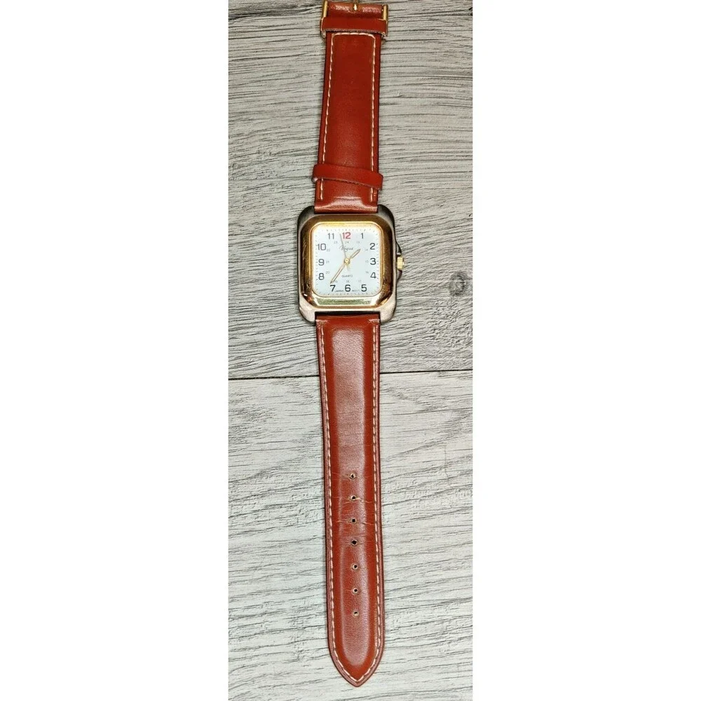 Vintage Vogue Quartz Watch Square Two Tone Case Japan Movt Brown Leather Strap